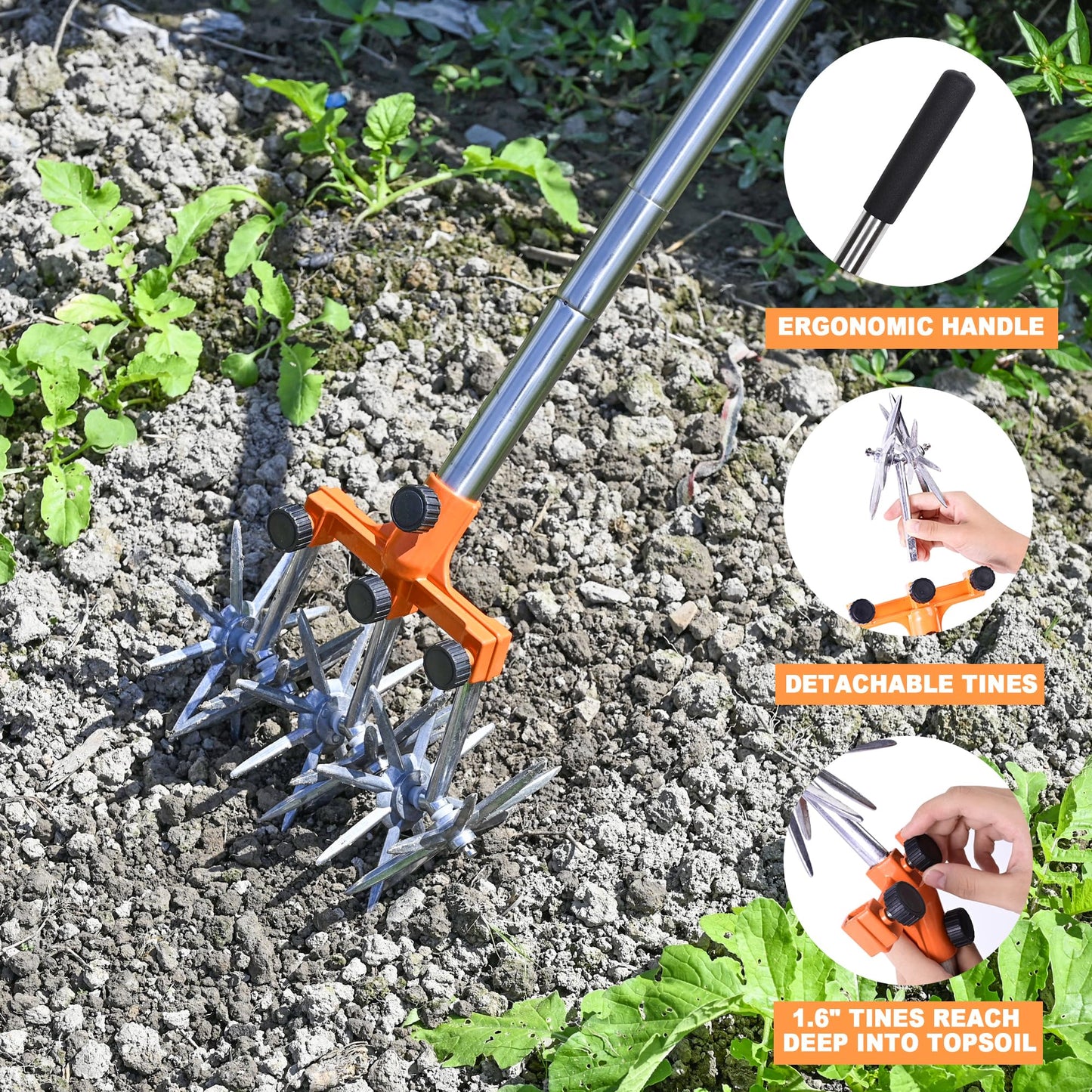 BARAYSTUS Rotary Cultivator Garden Rotary Tiller Adjustable Stainless Steel Poles Hand Tiller for Soil Mixing or Reseeding Grass Lawn Tiller Total Length 57 Inch