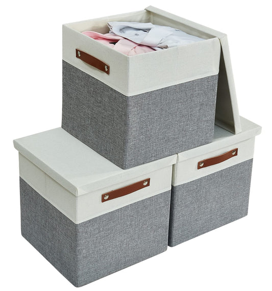 DECOMOMO Storage Cubes with Lid [3-Pack] Large Storage Box, Stackable Storage Bin With Dual Handles for Organizing Toys Books Shelves Office Nursery (Grey and White, 13 x 13 x 13 inch)