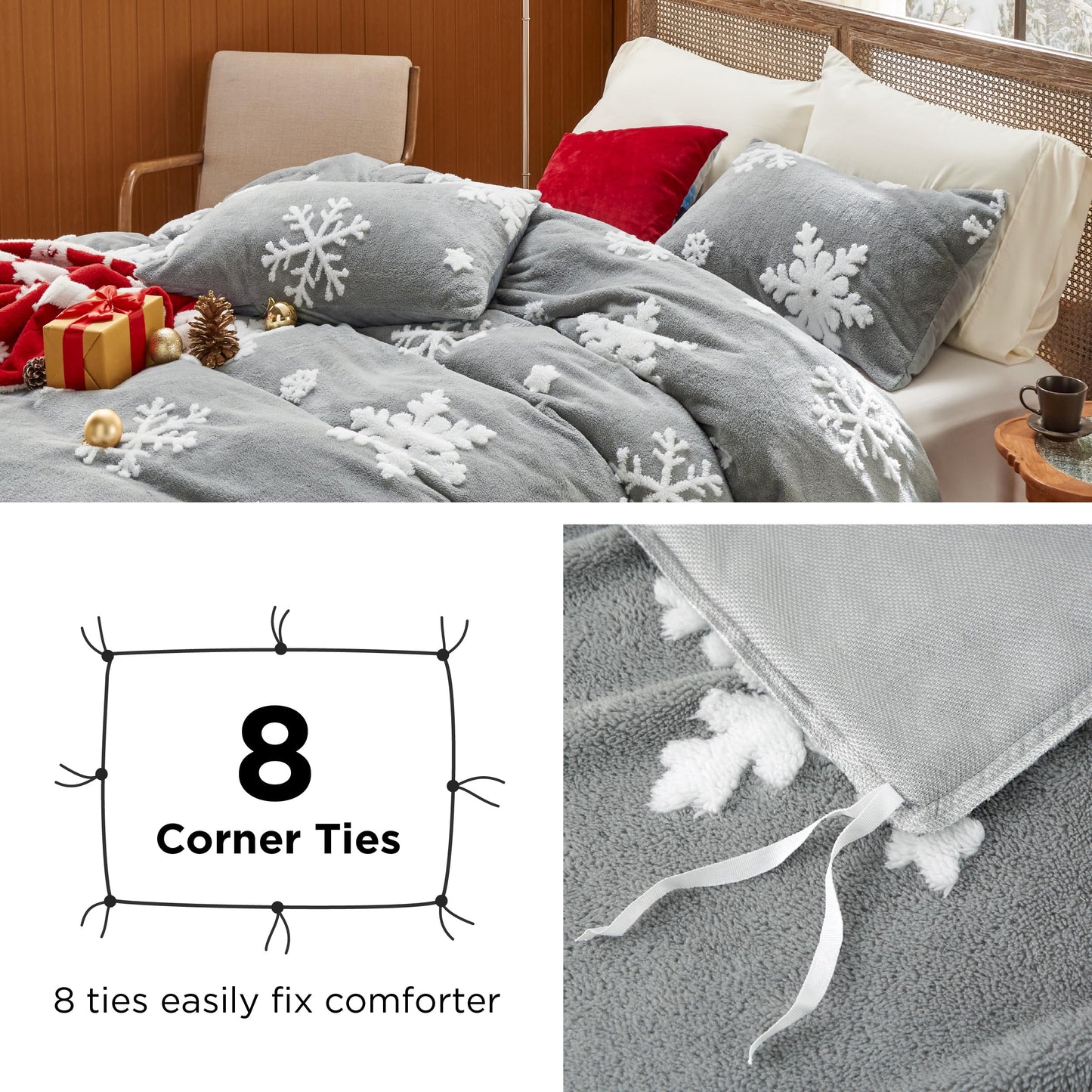 Bedsure Fluffy Duvet Cover Set - Ultra Soft Plush Shaggy Comforter Cover King Size, Warm Flannel Fleece Bed Sets for Winter, 3 Pieces, 1 Duvet Cover & 2 Pillowcases, Snowflake Pattern, Grey