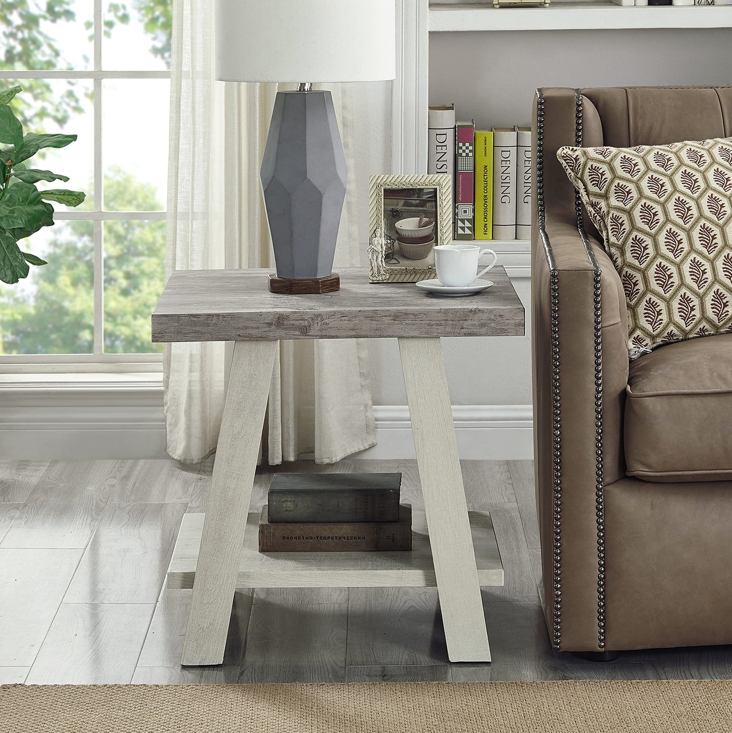 Roundhill Furniture Athens Contemporary Replicated Wood Regular End Table, Weathered Gray and Beige