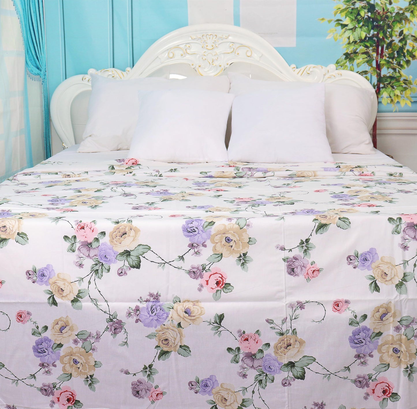 White Twin XL Size Flat Bed Sheet 100% Cotton Floral Printed Top Flat Sheet Only Machine Washable Top Sheets for Bed