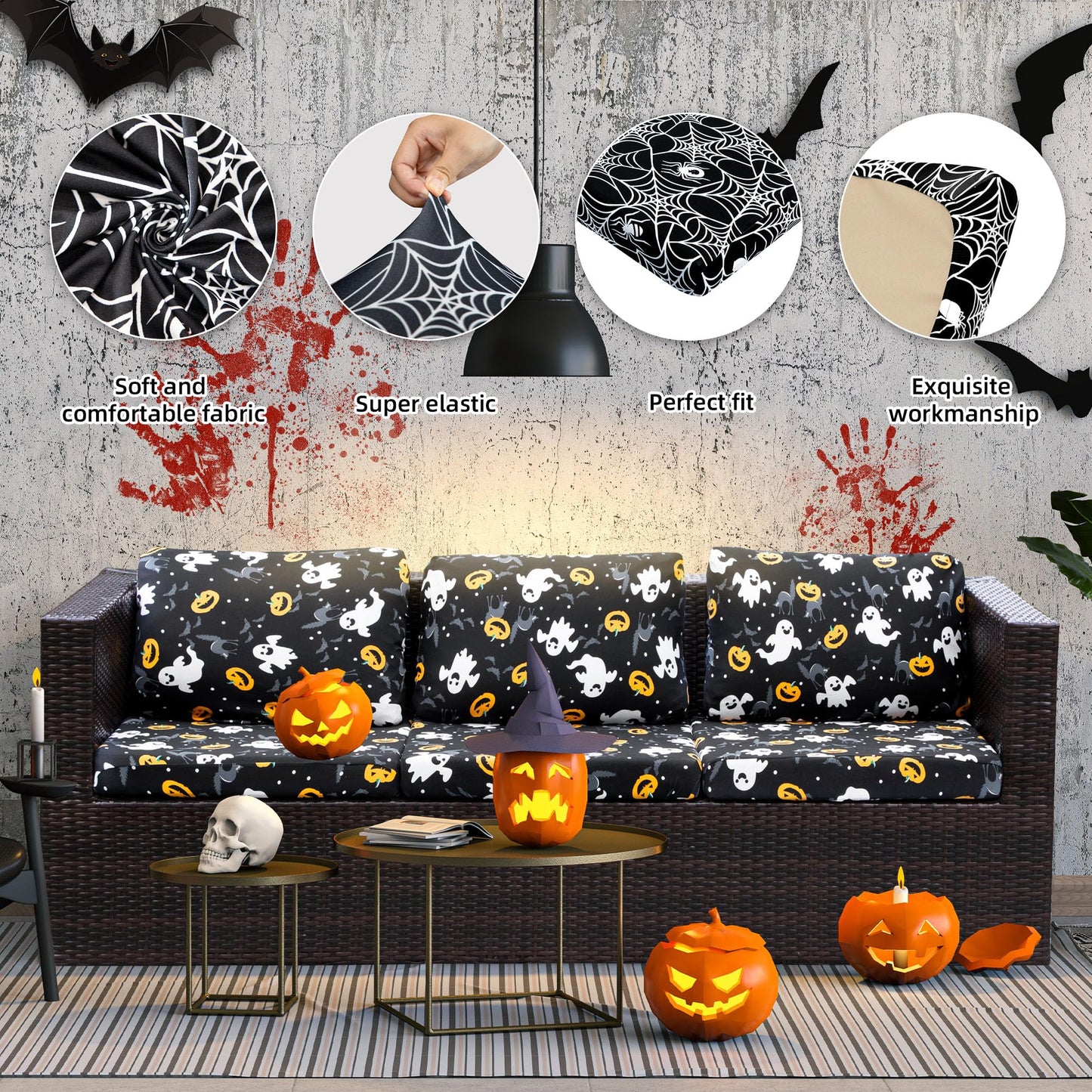 8Pcs Halloween Patio Cushion Covers Spooky Pumpkins Outdoor Cushion Covers,for Halloween Party Outdoor Couch Cushion Covers Replacement,Outdoor Sofa Covers Patio Slipcovers Couch Cover (Cover Only)