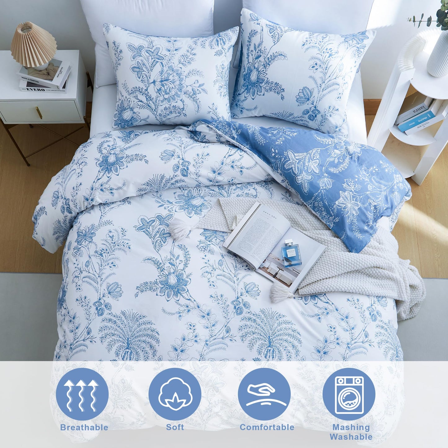 BOLINLIVING Floral Duvet Cover Queen Size 3 Pieces, Flower Duvet Cover with 2 Pillow Shams, Soft Floral Bedding Set White and Blue for All Season, Breathable, Zipper Closure…