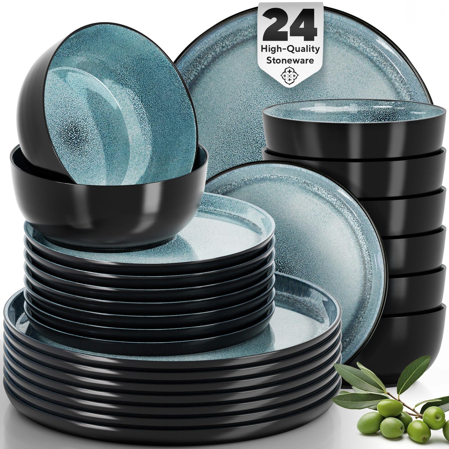 24 Piece Dinnerware Sets for 8 - Modern Style Stoneware Dinnerware Set - Scratch Resistant, Dishwasher Safe Plates and Bowls Sets Ceramic, Dish Set, Bowl and Plate Set - Black and Petrol Blue…