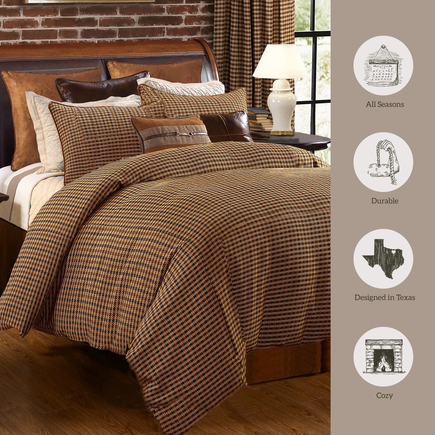 Paseo Road by HiEnd Accents Clifton 3 Piece Comforter Set with Pillow Shams, Brown Tweed Houndstooth, Super King Size, Plaid Rustic Cabin Lodge Luxury Bedding Set, 1 Comforter and 2 Pillowcases