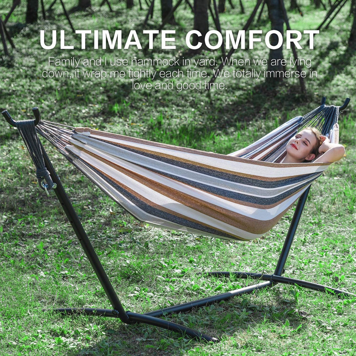 PNAEUT Double Hammock with Space Saving Steel Stand Included 2 Person Heavy Duty Outside Garden Yard Outdoor 450lb Capacity 2 People Standing Hammocks and Portable Carrying Bag (Coffee)