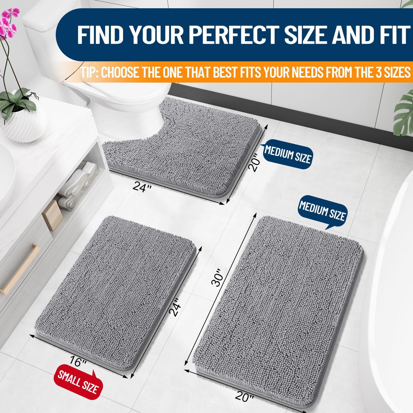 OLANLY Bathroom Rugs 30x20, Extra Soft Absorbent Chenille Bath Rugs, Rubber Backing Quick Dry, Machine Washable Bath Mats for Bathroom Floor, Tub and Shower, Home Decor Accessories, Grey