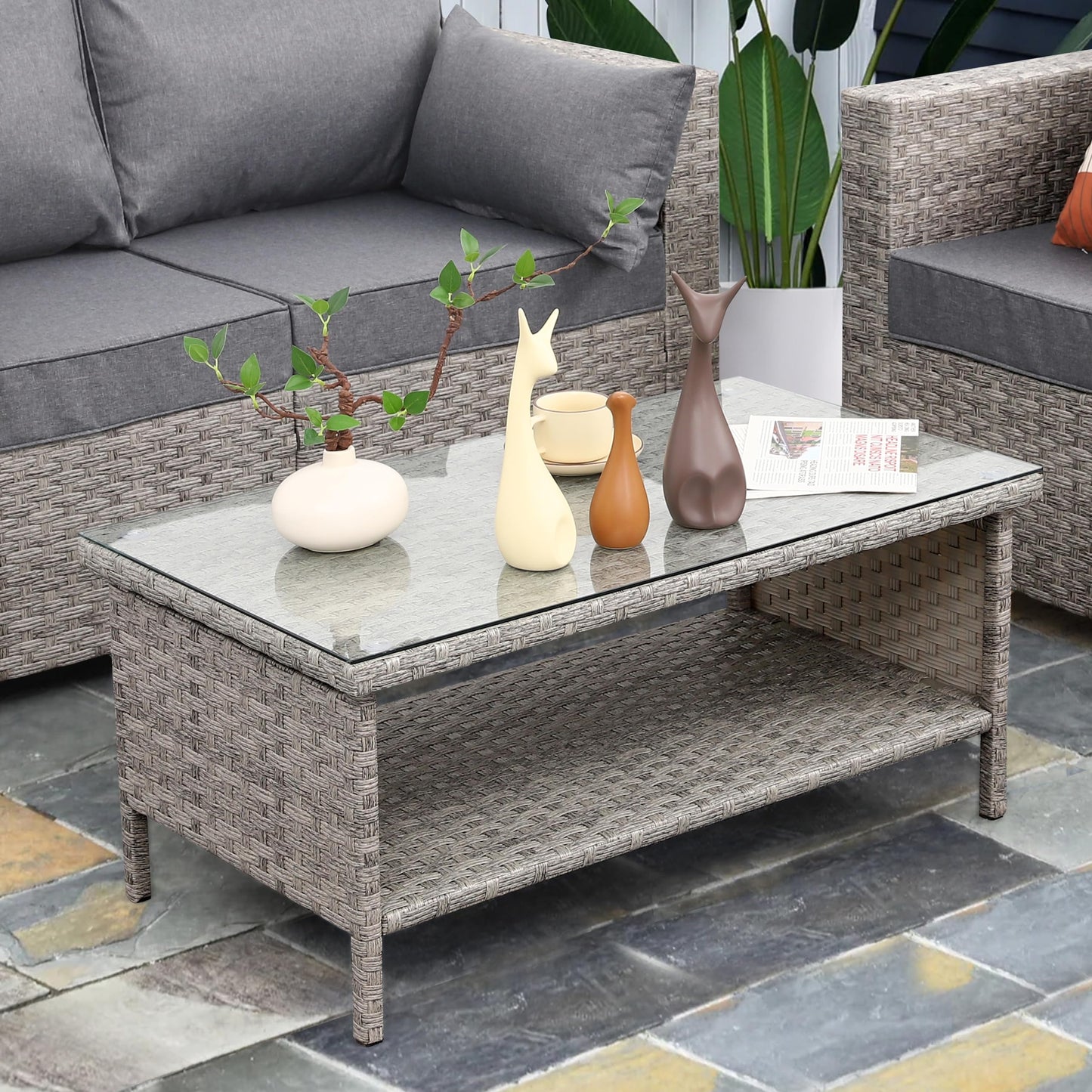 WAROOM Outdoor PE Wicker Coffee Table - Patio Rattan Garden Side End Tea Table with Glass Top Furniture, Grey