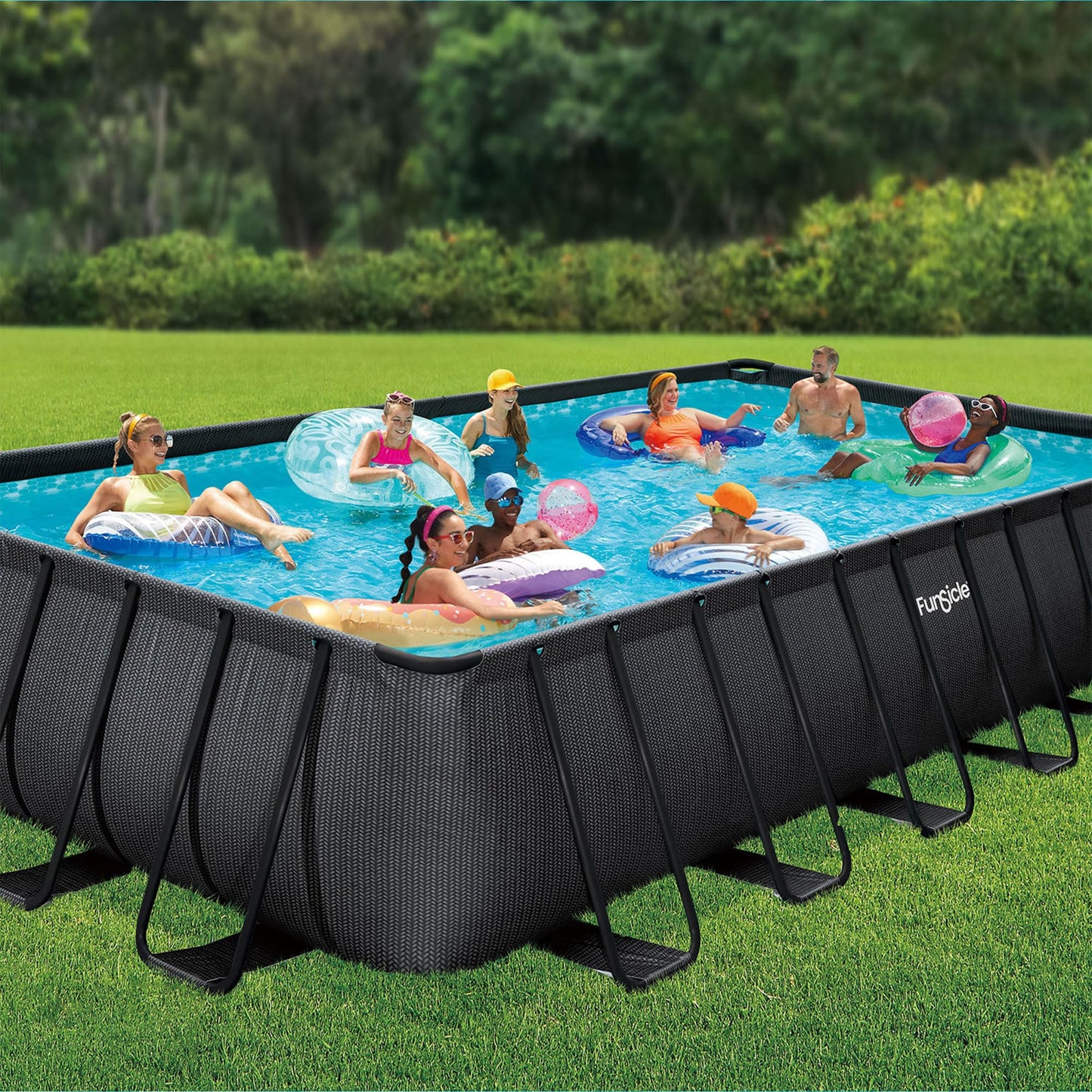 Funsicle 24' x 12' x 52" Oasis Designer Rectangular Frame Outdoor Above Ground Swimming Pool with Accessories & Maintenance Kit, Dark Chevron Rattan