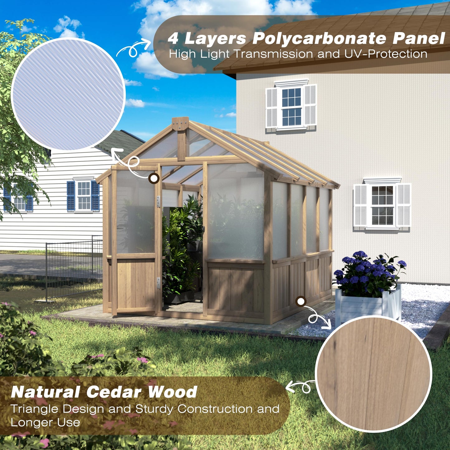 Yardenaler 6x8 FT Greenhouse Kit for Outdoor, Polycarbonate Wooden Walk-in Green House with Lockable Door and Adjustable Roof Vent, Backyard Garden, Light Mocha Brown