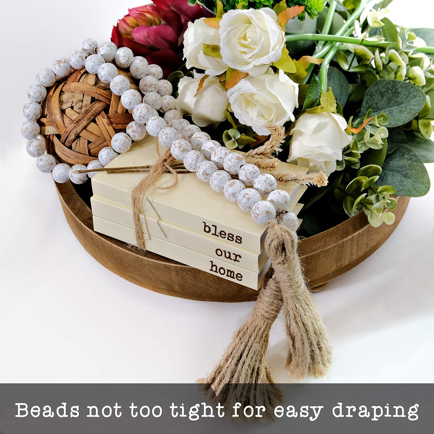 Farmhouse Wood Bead Garland Home Decor, Natural Wooden Garland for Tiered Tray, Decorative Tassel Garland for Tier Tray, Rustic Beads Centerpiece Boho Table Decor, Garland Beaded Accent White Washed