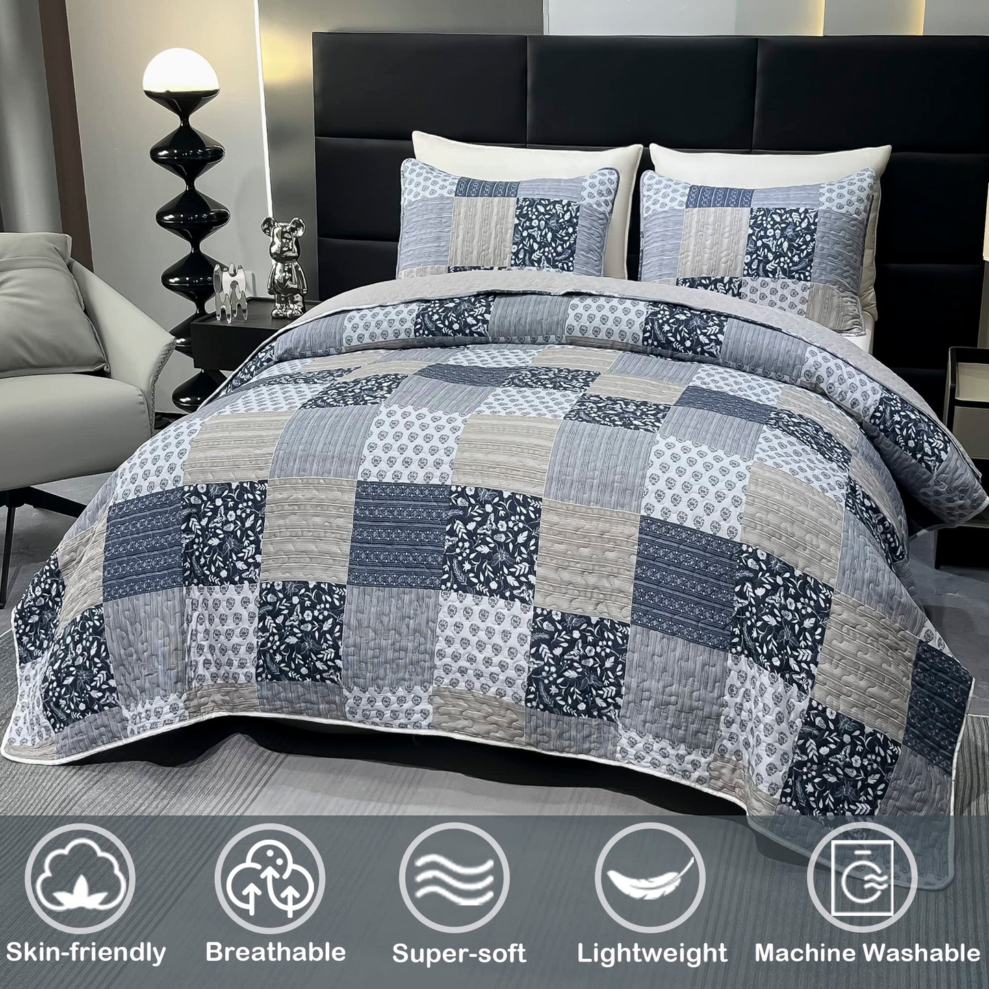 VIVILINEN King Size Quilt Set Grey Floral Quilted Bedspread Coverlet Set 3-Piece Lightweight Reversible Stitched Comforter Bedding Set Bed Sheet Cover Blanket with 2 Pillow Shams