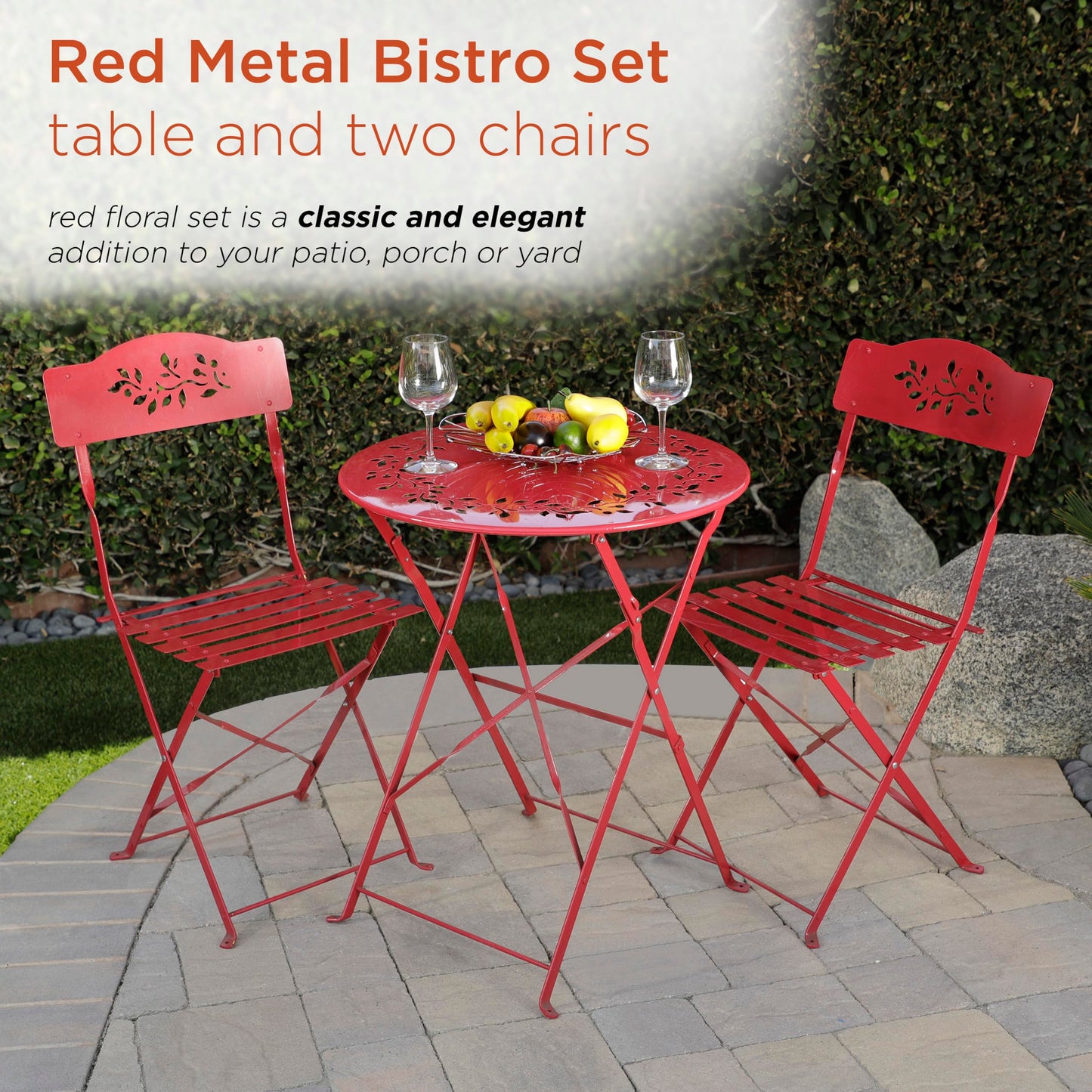 Alpine Corporation Indoor/Outdoor 3-Piece Bistro Set Folding Table and Chairs Patio Seating, Red