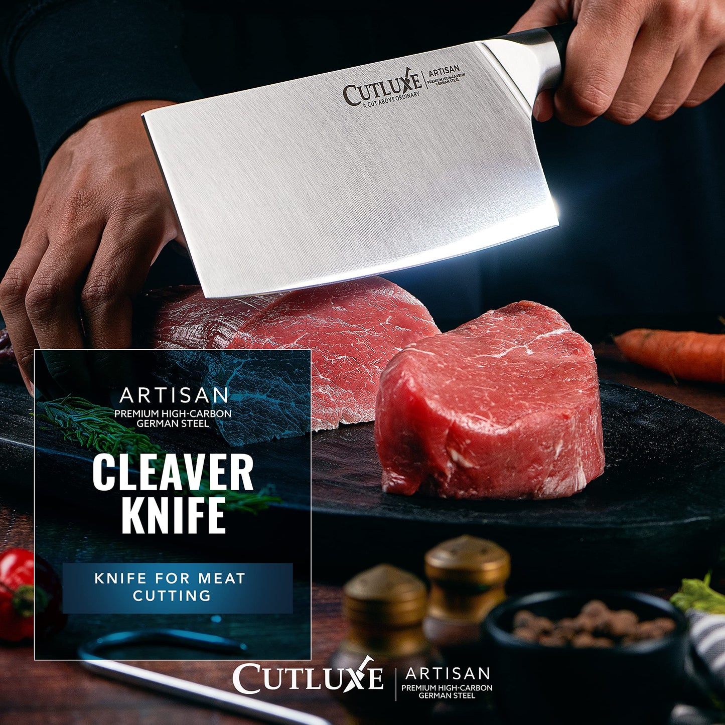 Cutluxe Cleaver Knife - 7" Meat Cleaver, Butcher Knife for Meat Cutting – German Steel Blade, Full Tang, Ergonomic Handle Design – Artisan Series