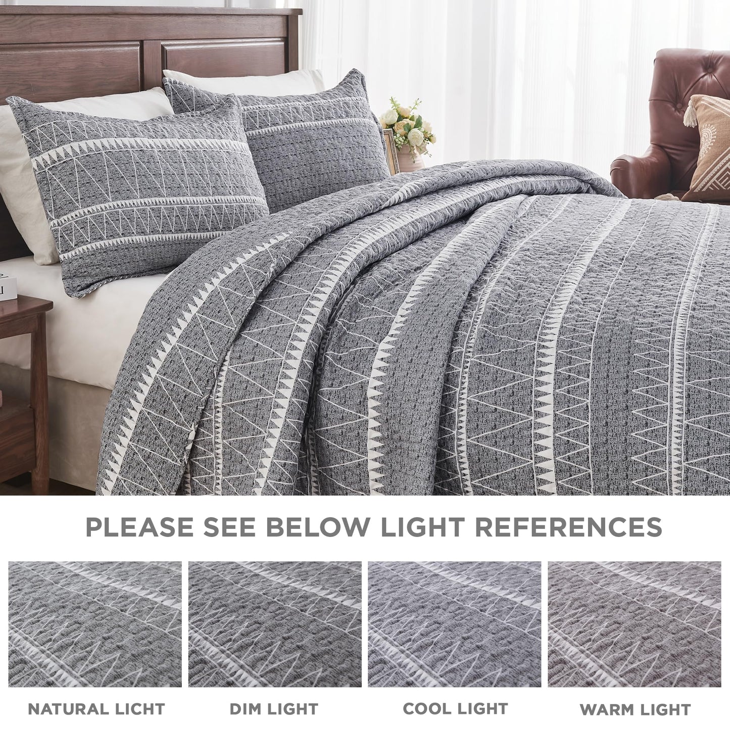 Andency California King Quilt Set (112x104 Inch), 3 Pieces (1 Grey Boho Printed Quilt and 2 Pillowcases), Bohemian Summer Lightweight Reversible Microfiber Bedspread Coverlet Sets