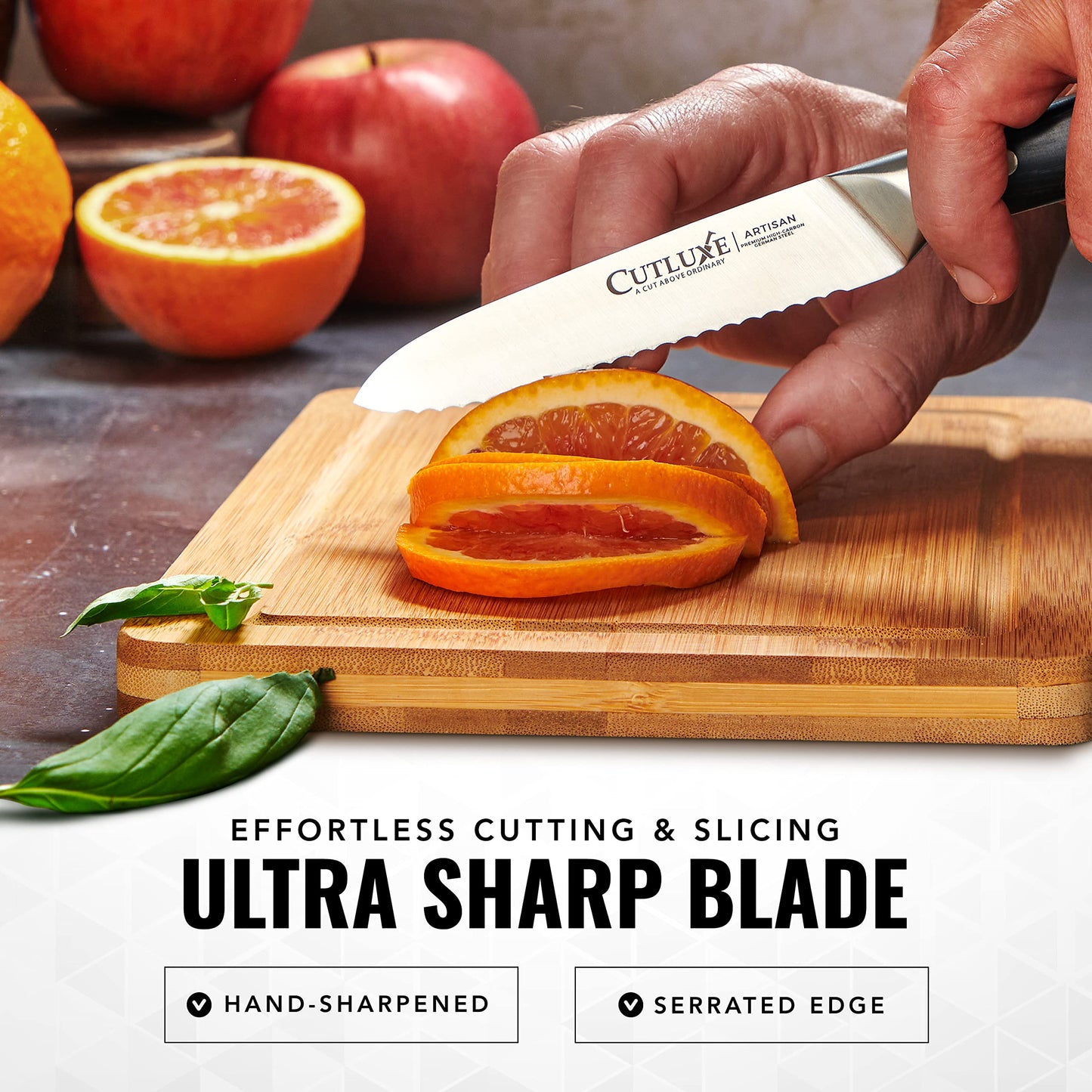 Cutluxe Serrated Kitchen Utility Knife, 5" Tomato Knife – Forged High Carbon German Steel – Full Tang & Razor Sharp – Ergonomic Handle Design – Artisan Series