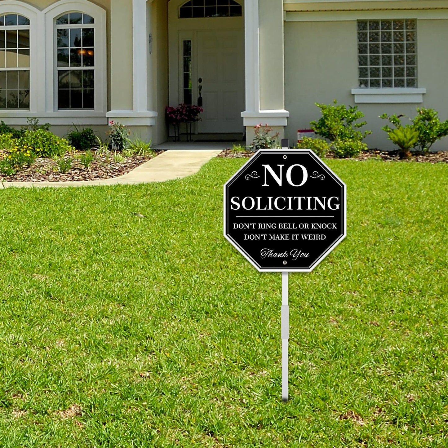 Uflashmi No Soliciting Yard Sign, No Soliciting Sign for House Yard with Stake, 10” x 28”, Metal black and white