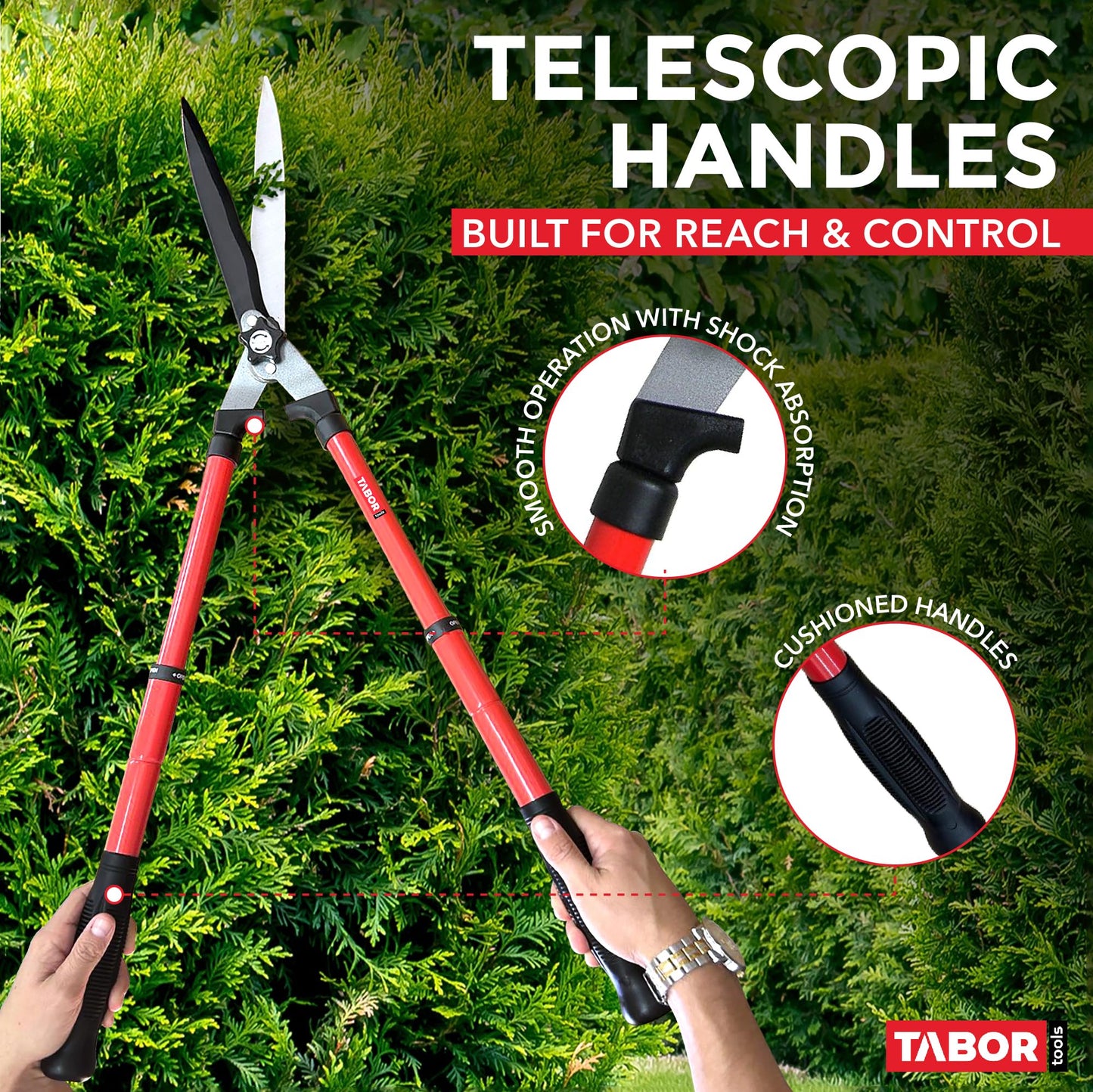 TABOR TOOLS B212A Telescopic Hedge Shears with Wavy Blade and Extendable Steel Handles. Extendable Manual Hedge Clippers for Trimming Borders, Boxwood, and Tall Bushes.