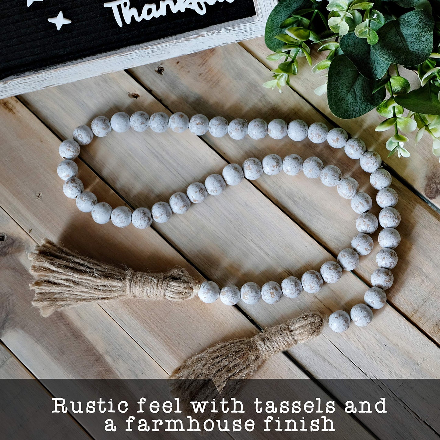 Farmhouse Wood Bead Garland Home Decor, Natural Wooden Garland for Tiered Tray, Decorative Tassel Garland for Tier Tray, Rustic Beads Centerpiece Boho Table Decor, Garland Beaded Accent White Washed