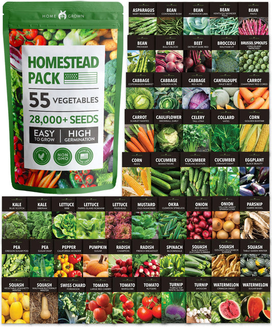 HOME GROWN 27,500+ Heirloom Vegetable & Fruits | 55 Variety Garden Survival Gear and Supplies Prepper Supplies | Non GMO Gardening Seed Starter Kit | Gifts for Men Women