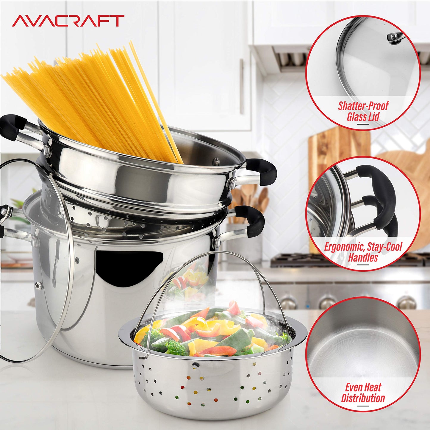 AVACRAFT 18/10 Stainless Steel, 4 Piece Pasta Pot with Strainer Insert, Stock Pot with Steamer Basket and Pasta Pot Insert, Pasta Cooker Set with Glass Lid, 7 Quart