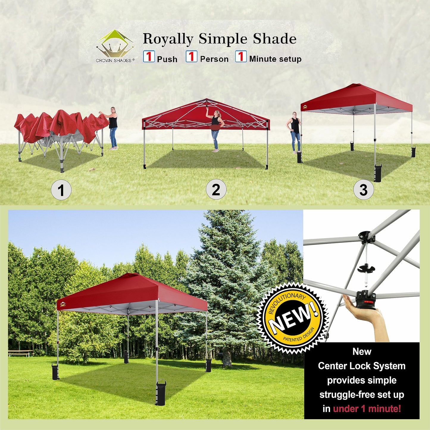 CROWN SHADES 10x10 Pop Up Canopy - Beach Tent with One Push Setup - Easy Outdoor Sun Shade for Events, Parties, Camping - Gazebo with STO-N-Go Cover Bag, Silver Coated Top, Red