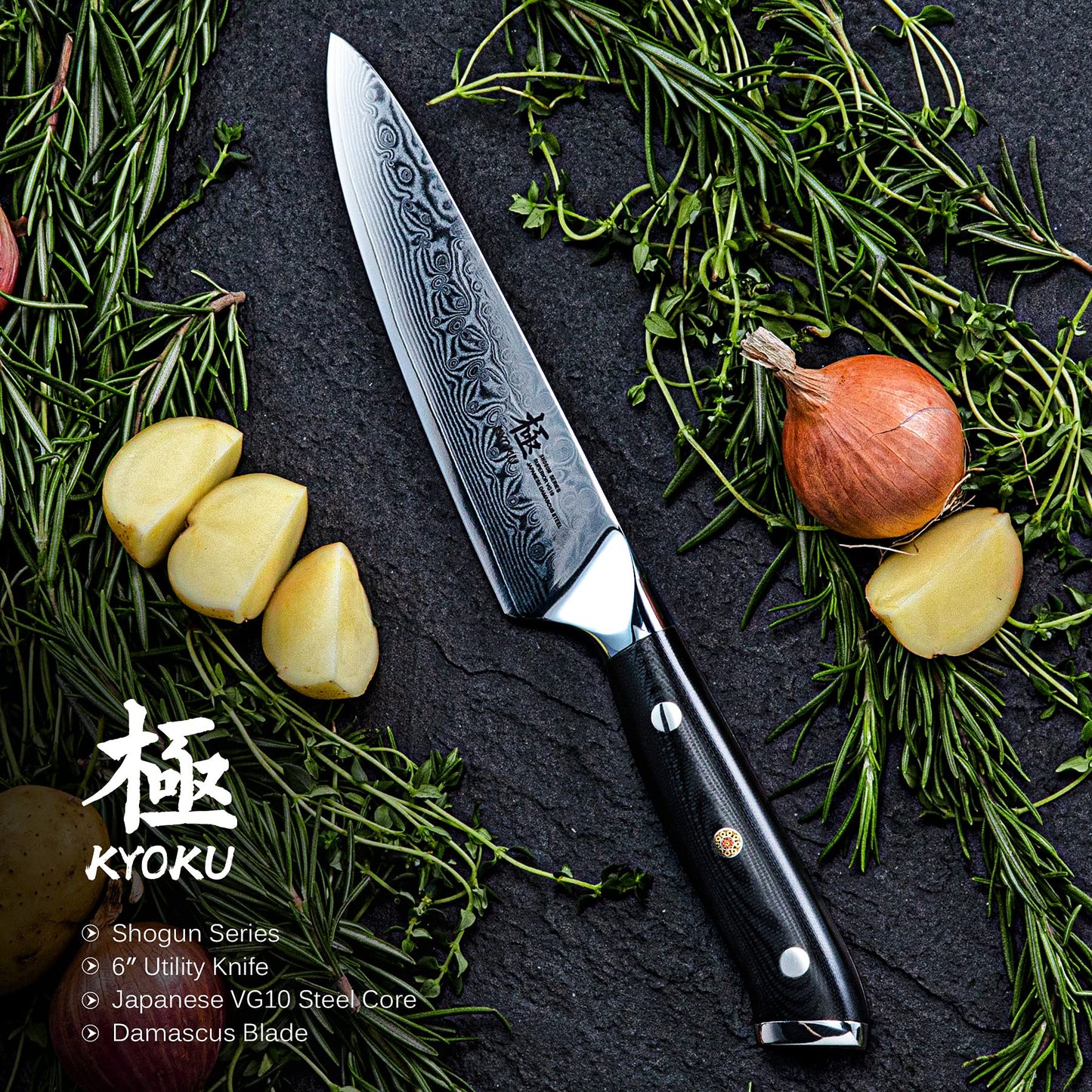 KYOKU Chef Utility Knife - 6" - Shogun Series - Japanese VG10 Steel Core Forged Damascus Blade - with Sheath & Case