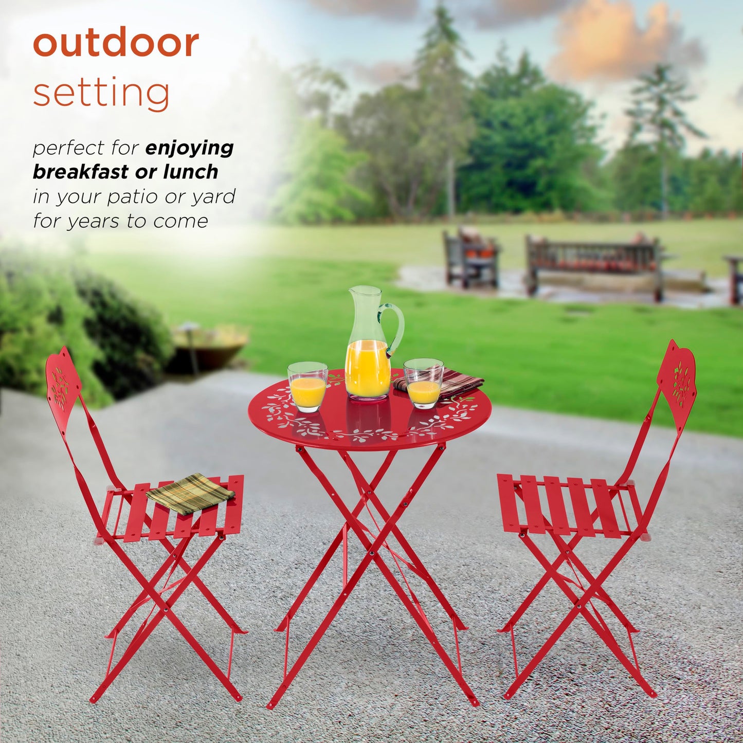 Alpine Corporation Indoor/Outdoor 3-Piece Bistro Set Folding Table and Chairs Patio Seating, Red