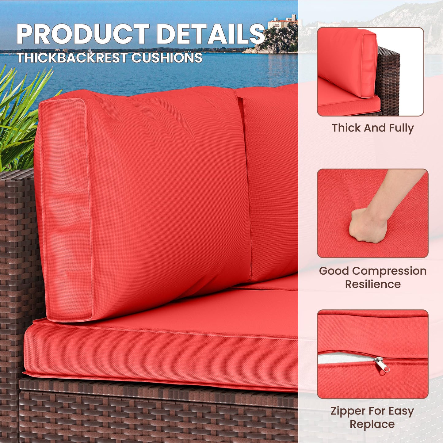 UDPATIO Outdoor Replacement Cushions for Patio Furniture, Waterproof Patio Cushions for 6-Seat Sectional Patio Conversation Sets, 14-Piece Outdoor Cushion Slipcovers Patio Sofa Cushions (Bright Red)