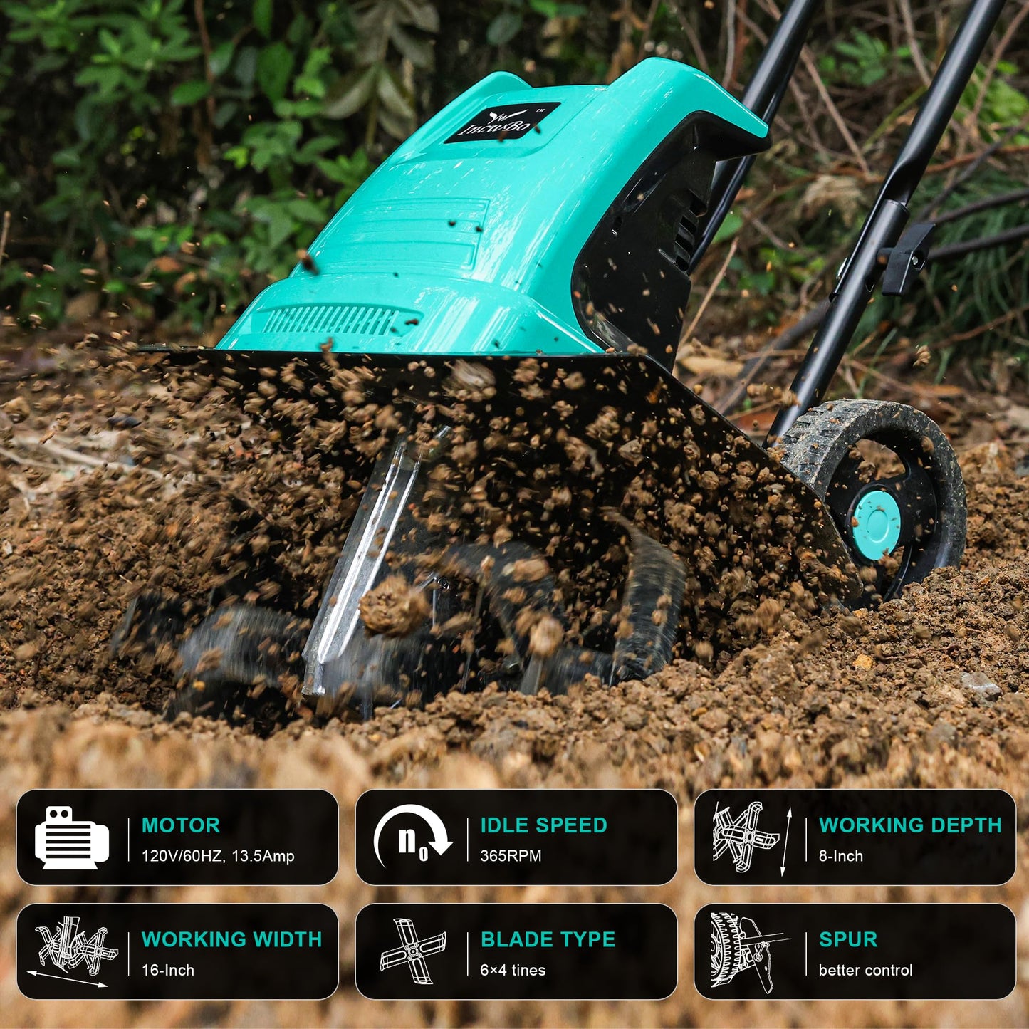 IncwBo Tiller 13.5AMP Rototiller for Garden Corded Electric Tiller Machine Garden Electric Cultivator 8Inch Depth 16Inch Width Tiller for Garden Yard