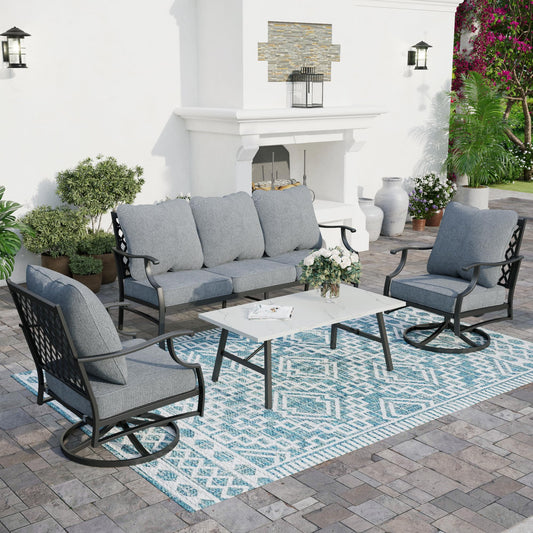 SUNSHINE VALLEY 4 Piece Metal Outdoor Patio Furniture Set, Patio Conversation Sets 1 3-seater Sofa, 2 Swivel Chair with 5.75" Extra Thick Cushion and Coffee Table, Black Frame Backyard Furniture, Gray