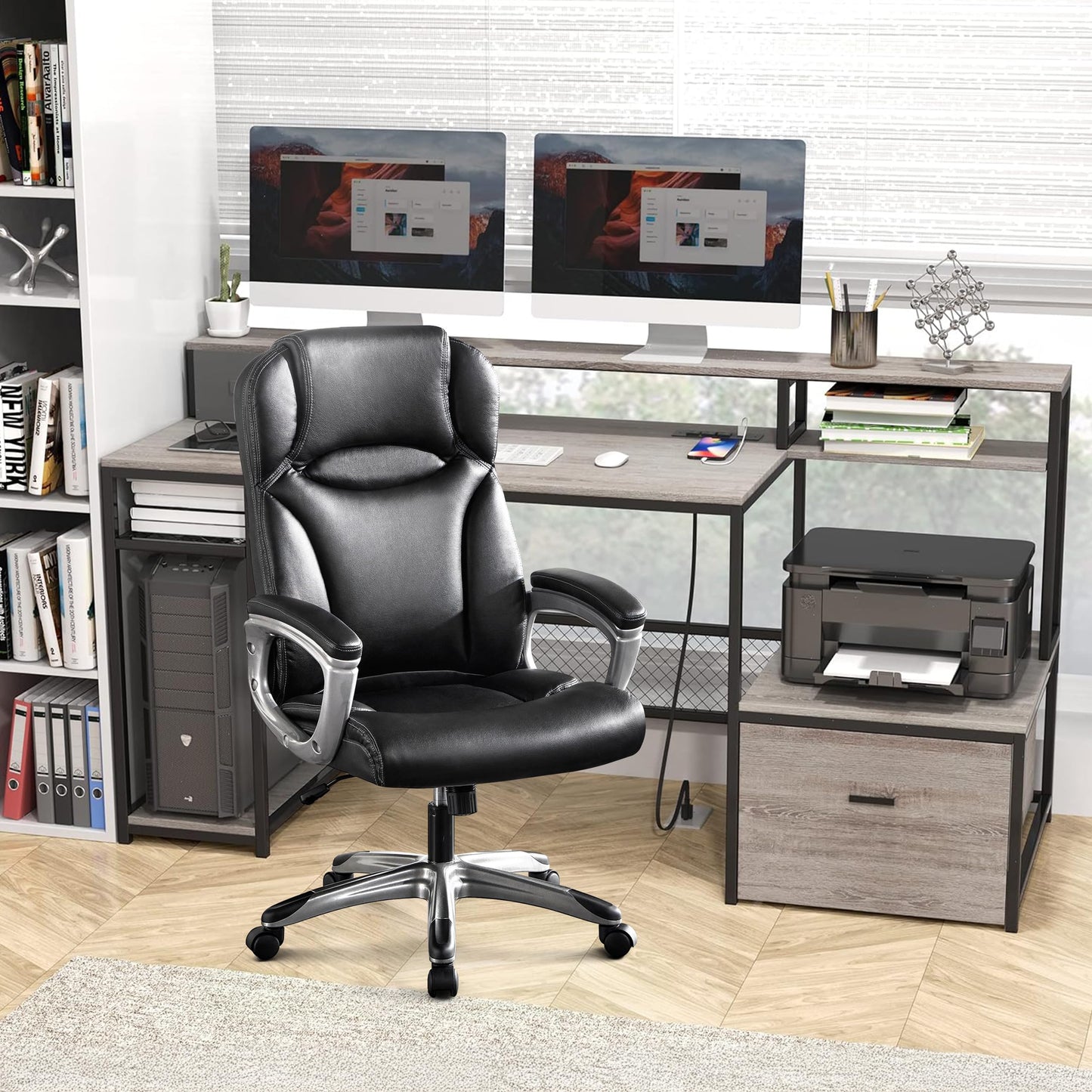 AYEASY 66'' Home Office Desks and Office Chair Set, Computer Desk with Storage with 350lbs Ergonomic Office Chair, Office Desk with PU Leather Gaming Computer Chairs, Work Desk with Executive Chair