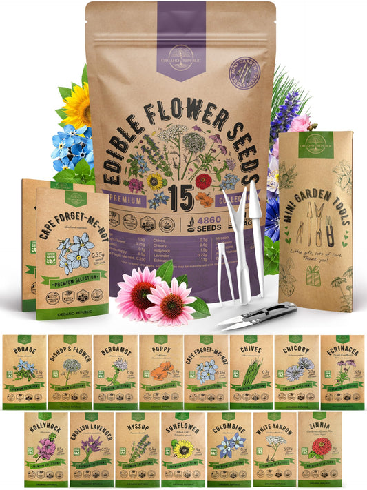 Organo Republic 15 Edible Flower Seeds Variety Pack- Indoor/Outdoor. 4800+ Non-GMO Heirloom Flower: Borage, Bishop's Flower, Chicory, Chives, Hyssop, Echinacea, Lavender Seeds & More