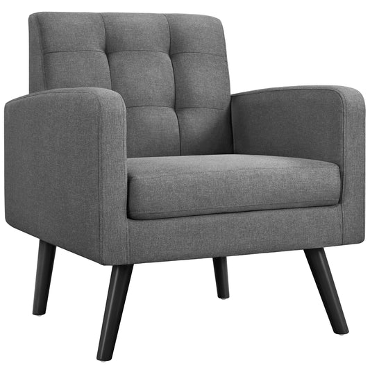 Yaheetech Modern Living Room Chair, Mid-Century Armchair Button Tufted Back and Wood Legs, Vintage Lounge Chair for Bedroom/Home Office/Study, Gray