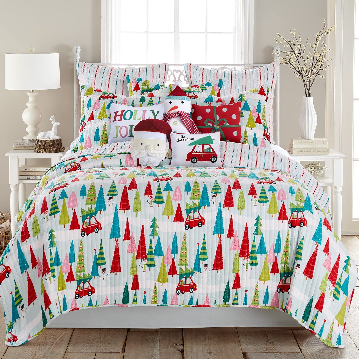 Levtex Home Merry & Bright Collecion - Holly Jolly Quilt - Full/Queen - Christmas Tree - Red Green Teal Pink - Quilt (86x86in.) - Reversible - Microfiber