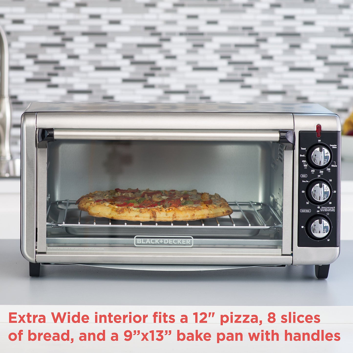 BLACK+DECKER 8-Slice Extra Wide Convection Toaster Oven, TO3250XSB, Fits 9"x13" Oven Pans and 12" Pizza, Stainless Steel/Black