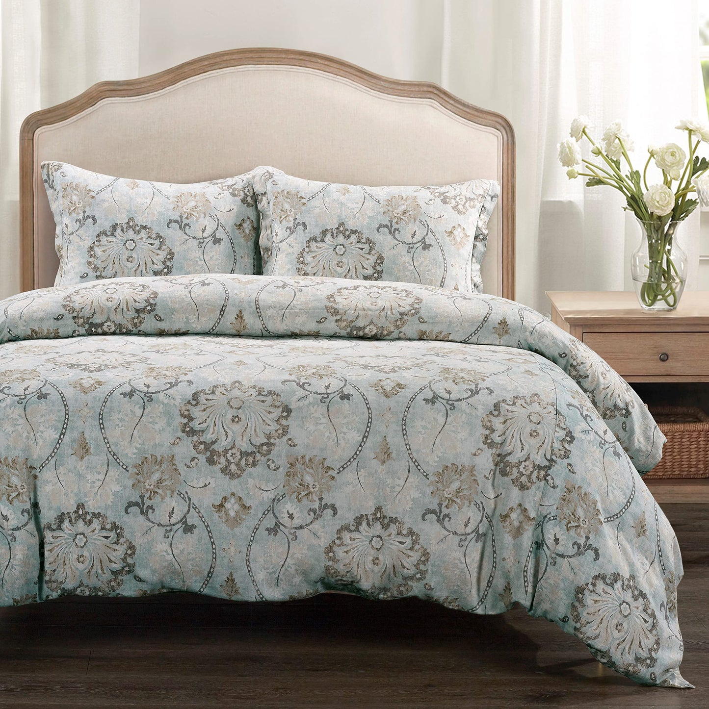 HiEnd Accents Dalia 3 Piece Comforter Set Pillow Shams, Super Queen Size, Light Blue, Floral Linen Luxury Bedding Set, Traditional Modern Western Victorian Style, 1 Comforter and 2 Pillowcases