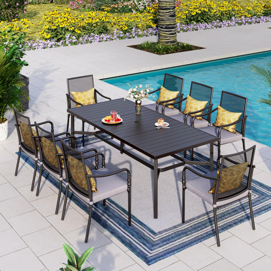HERA'S HOUSE Patio Dining Set Outdoor Furniture, 83" Rectangle Table with 8 Cushioned Armrest Chairs, 8 Person Patio Table and Chairs for Backyard Garden Lawn