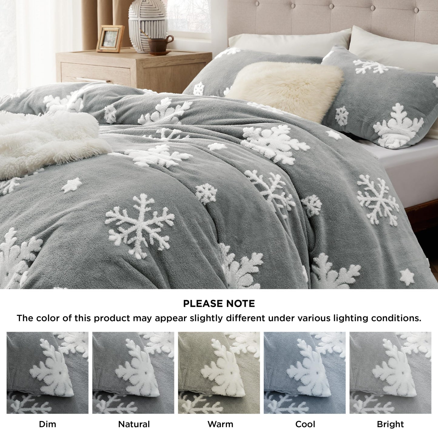 Bedsure Fluffy Duvet Cover Set - Ultra Soft Plush Shaggy Comforter Cover King Size, Warm Flannel Fleece Bed Sets for Winter, 3 Pieces, 1 Duvet Cover & 2 Pillowcases, Snowflake Pattern, Grey