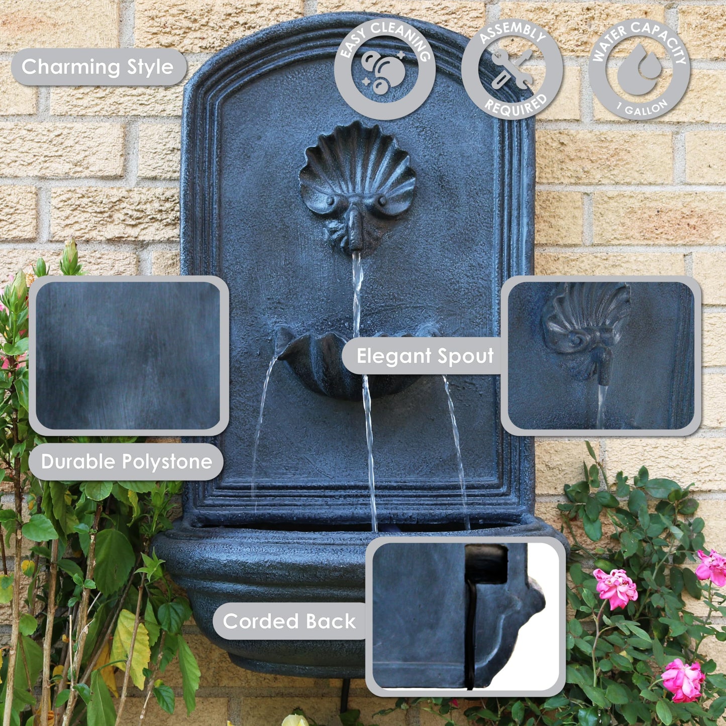 Sunnydaze Seaside 27-Inch Polystone Outdoor Wall Fountain - Electric Submersible Pump - Lead Finish