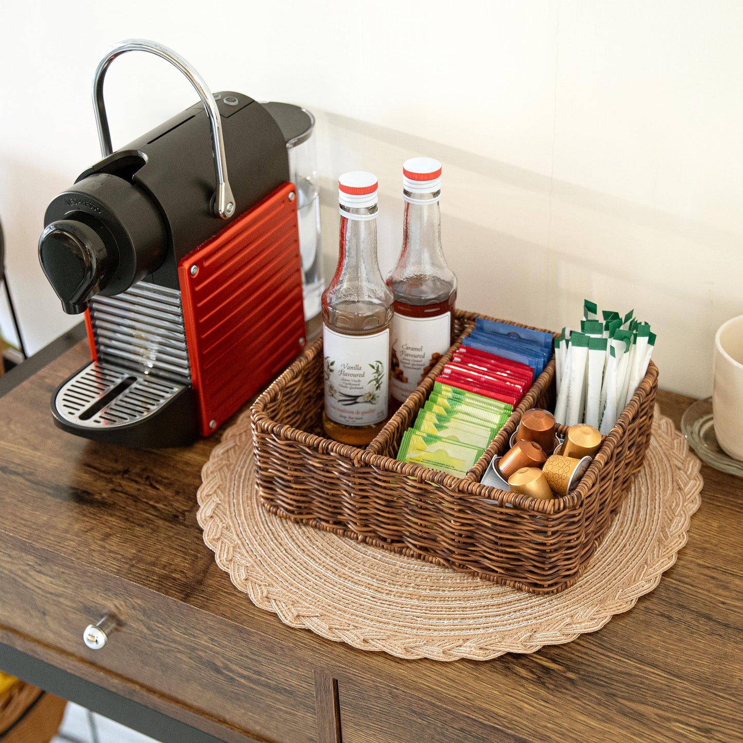 WeeNest Tea Bag Holder Organizer, Sugar Packet Holder, Tea Organizer for Tea Bags, Coffee Holder for K Cups, K-Cup Storage, K Cup Basket, Condiment Organizer, Resin Wicker, Toffee