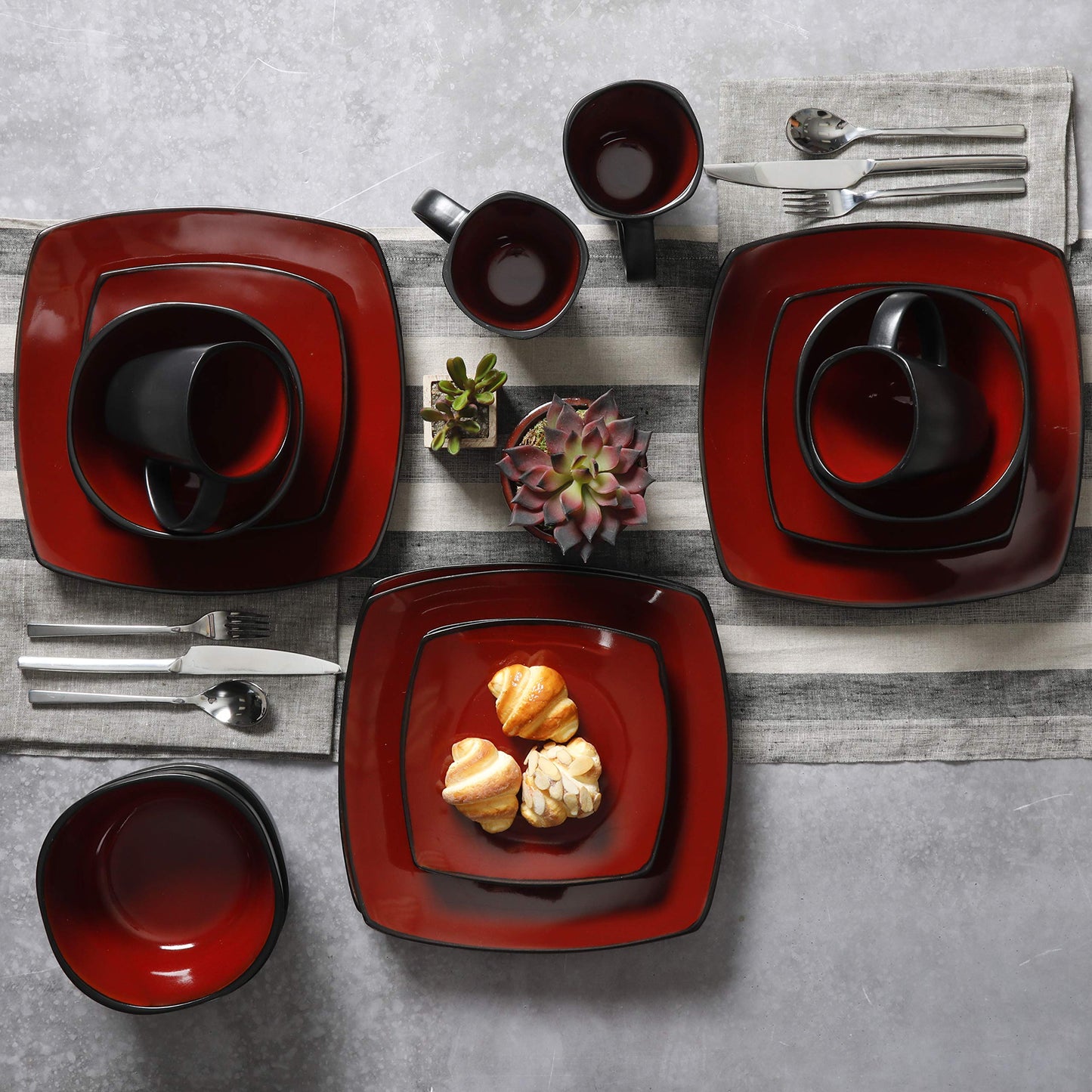 Gibson Soho Lounge Square Reactive Glaze Dinnerware Set, Red, Service for 4 (16pcs)