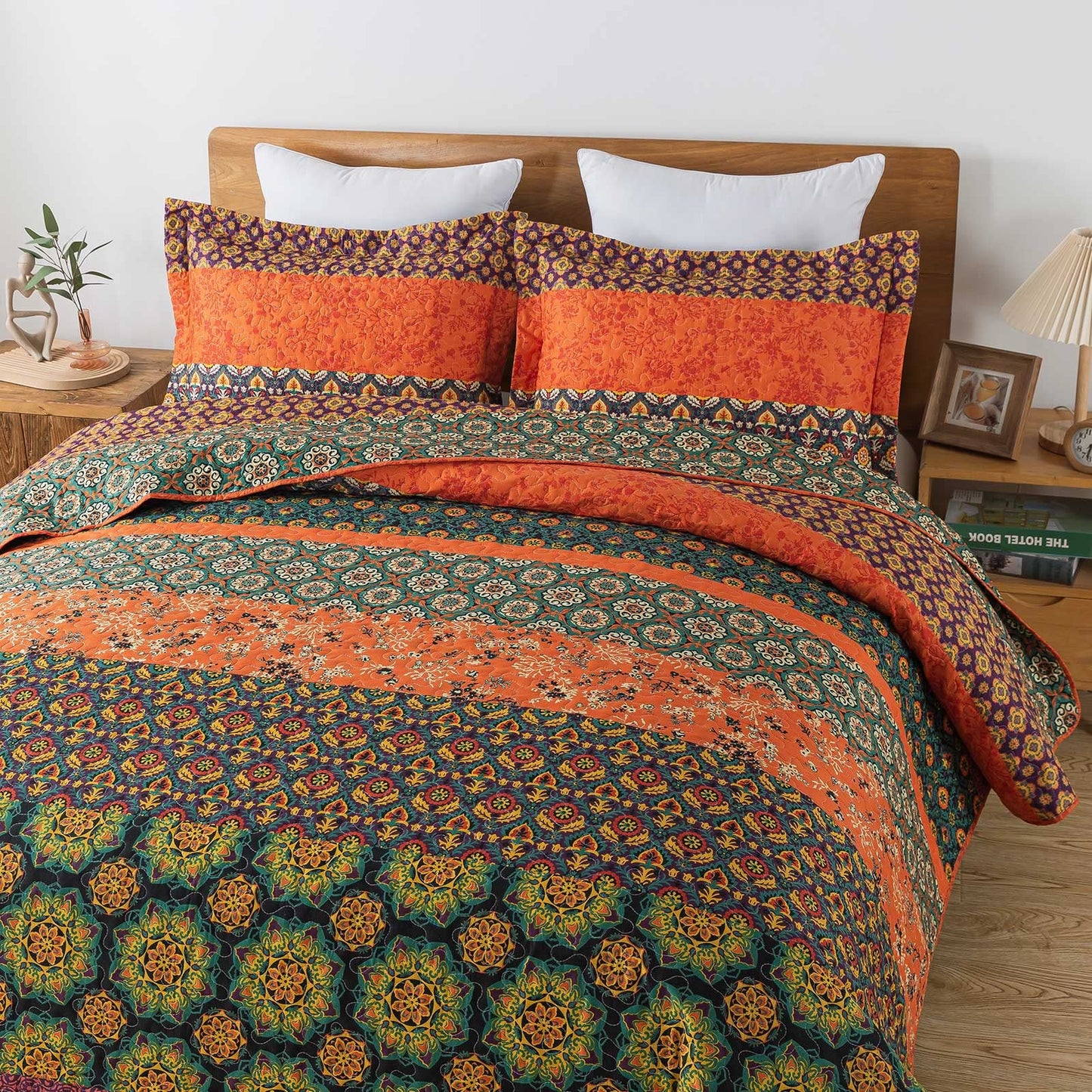 Travan Boho Stripe Quilt Sets Floral Printed Reversible Soft Bohemian Bedding Set with Shams for All Season, Orange Red Stripe, Queen Size