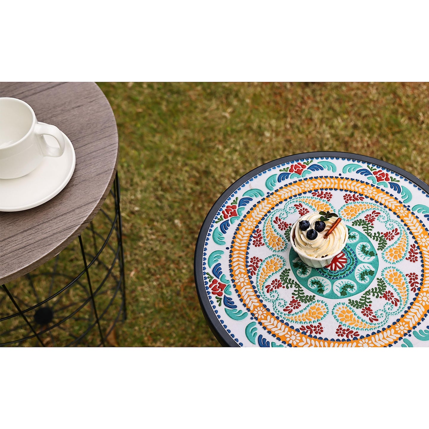 Elevon 14 Inch Round Side Ceramic Tile Top Indoor and Outdoor Accent Table, Sun