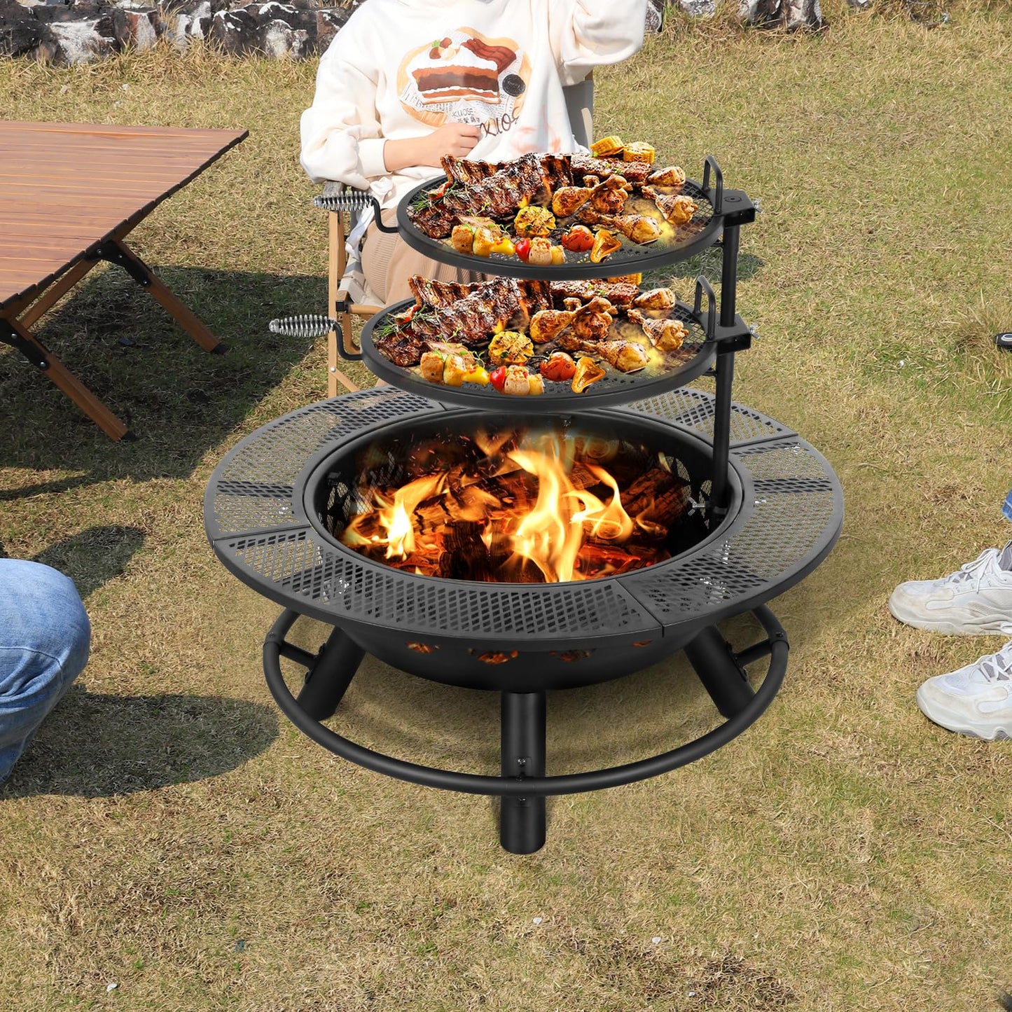 Hykolity 35 Inch Fire Pit with Cooking Grate & Charcoal Pan, Outdoor Wood Burning BBQ Grill Firepit Bowl with Cover Lid, Steel Round Table for Backyard Bonfire Patio Picnic