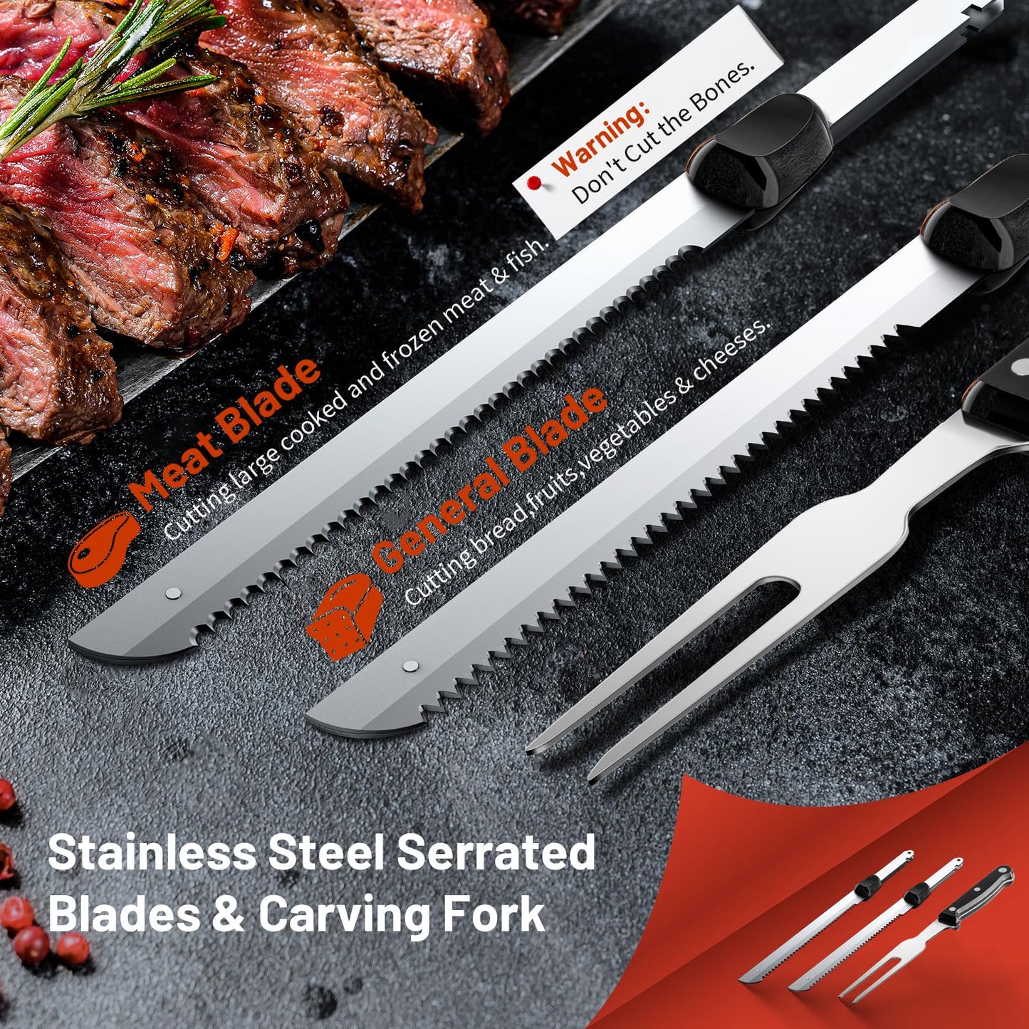 KEENSTAR Electric Knife for Carving Meat, Turkey, Bread, 150W Electric Knife Set with 2 Serrated Stainless Steel Blades & Serving Fork for Slicing Poultry, Ham & More, Ergonomic Handle & Safety Lock