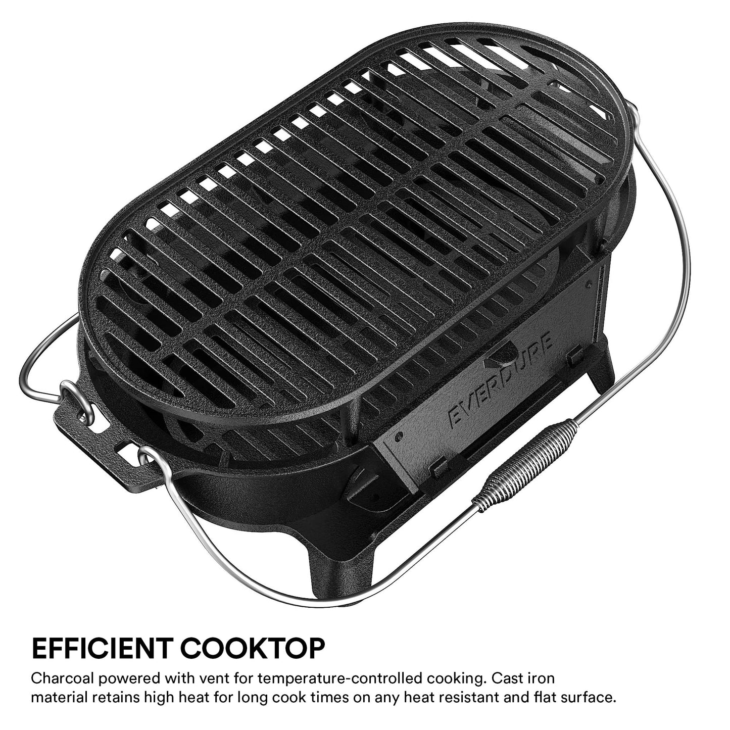 Everdure Oval Cast Iron Grill & Cover – Outdoor, Portable Charcoal Grill and Tabletop Cast Iron Skillet - 100% Cast Iron, Enameled, Durable, Small Charcoal Grill, Camping Stove, Hibachi Grill