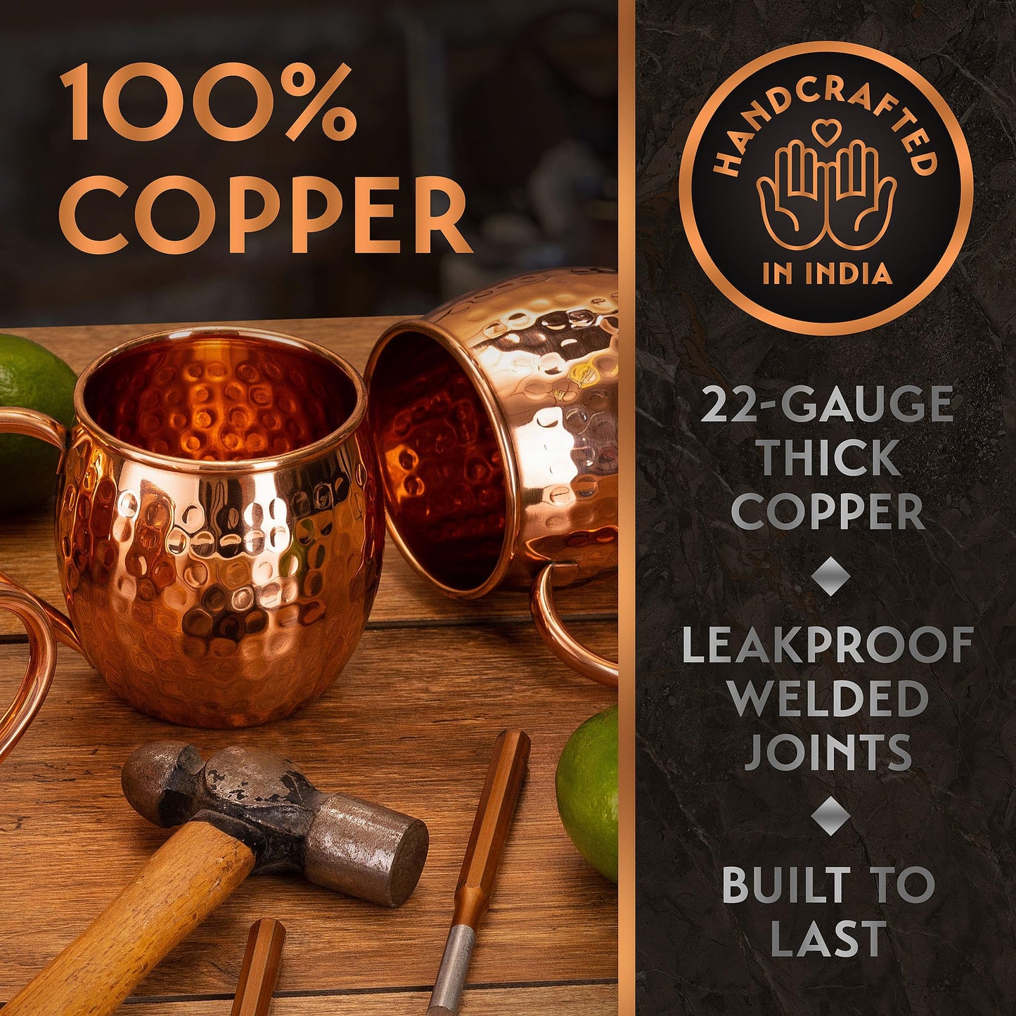 Yooreka Gift Set Moscow Mule Mugs Set Of 4 16 oz Solid Cooper, 100% Pure Copper Cups HANDCRAFTED, BONUS 4 Straws, 4 Wood Coasters, Stirring Spoon, Shot Glass and Cleaning brush (Oval)