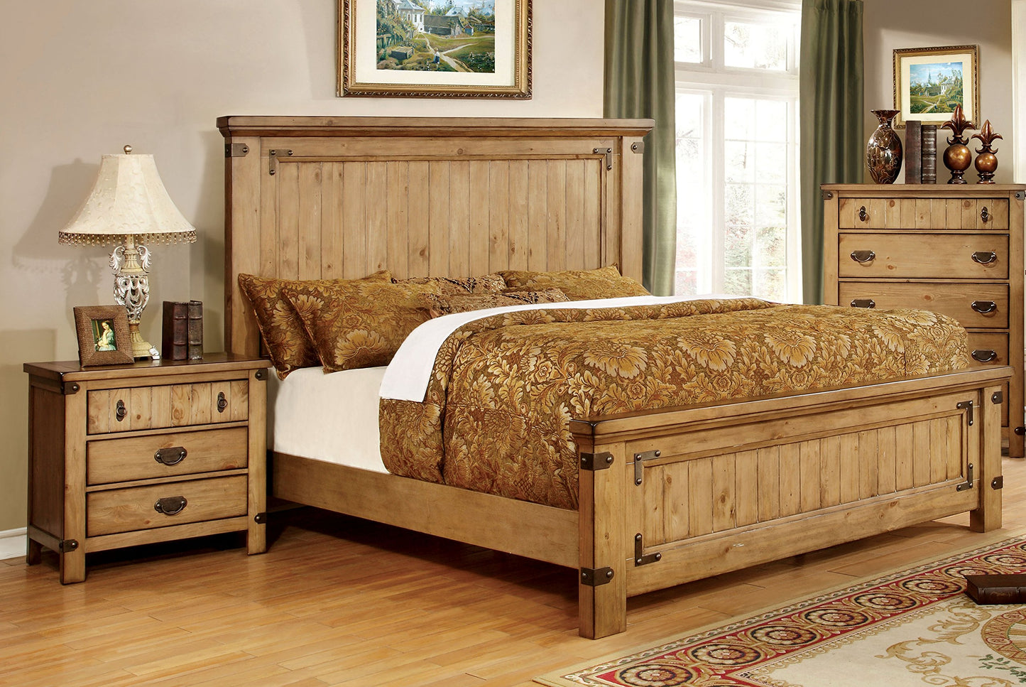 HOMES: Inside + Out Tustin 3-Piece Country Bed Set with 2 Nightstands, California King, Weathered Elm