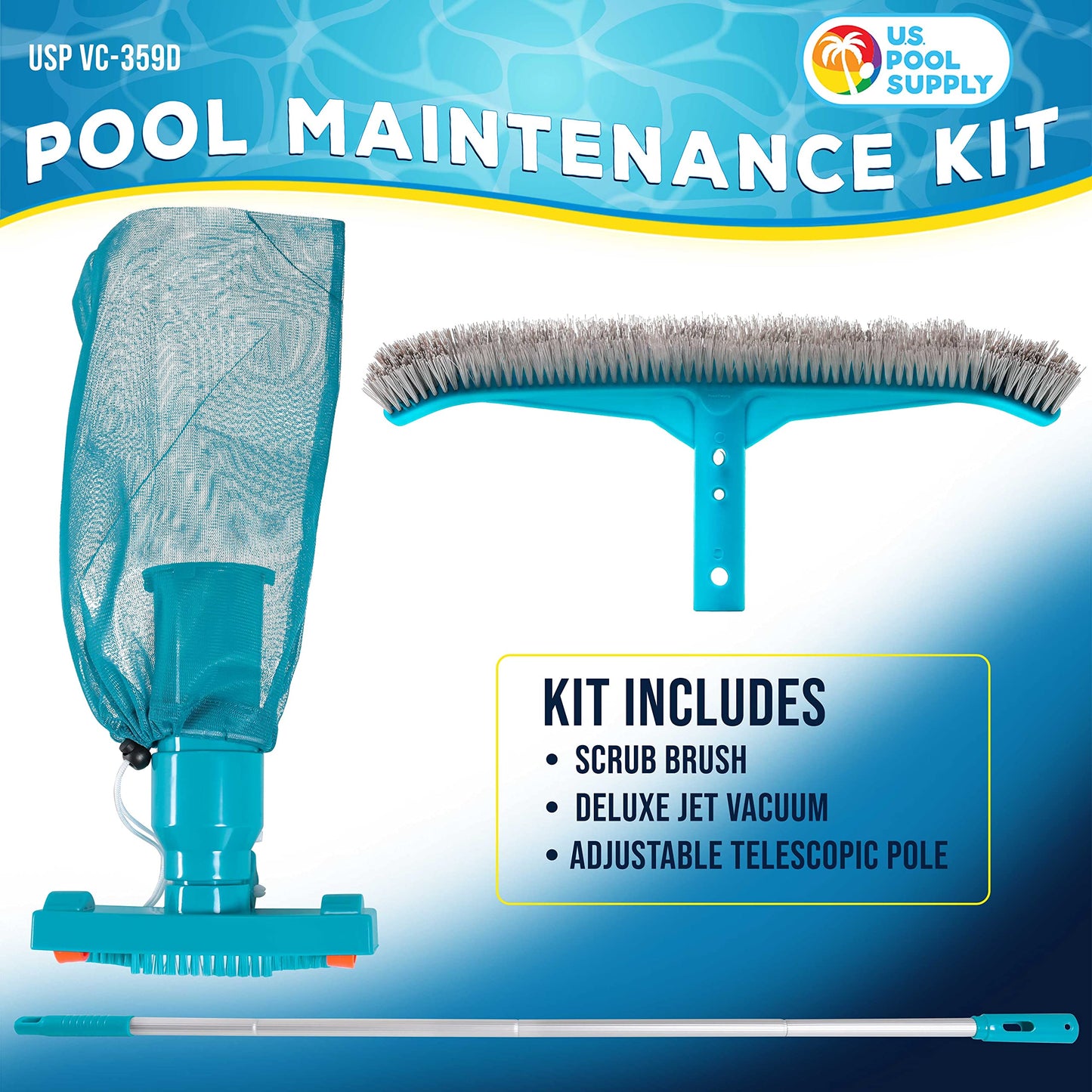 U.S. Pool Supply Deluxe Swimming Pool Maintenance Kit with Deluxe Jet Vacuum, 16" Floor & Wall Scrub Brush, Adjustable Telescopic Pole - Clean Remove Leaves & Debris, Above-Ground In-Ground Pools Spa